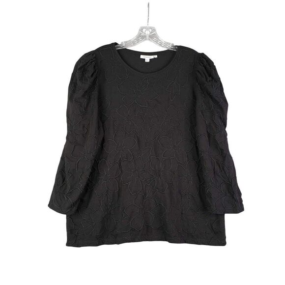 Chicos Sweatshirt Pullover Size 3 US XL Black Floral Puff LS Stretch Knit - Picture 2 of 9